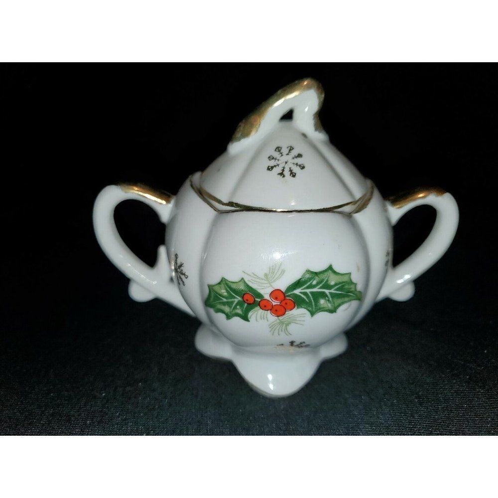 Covered Sugar Bowl Poinsettia Royal  HOLLY gold trim ivory berries leaves China